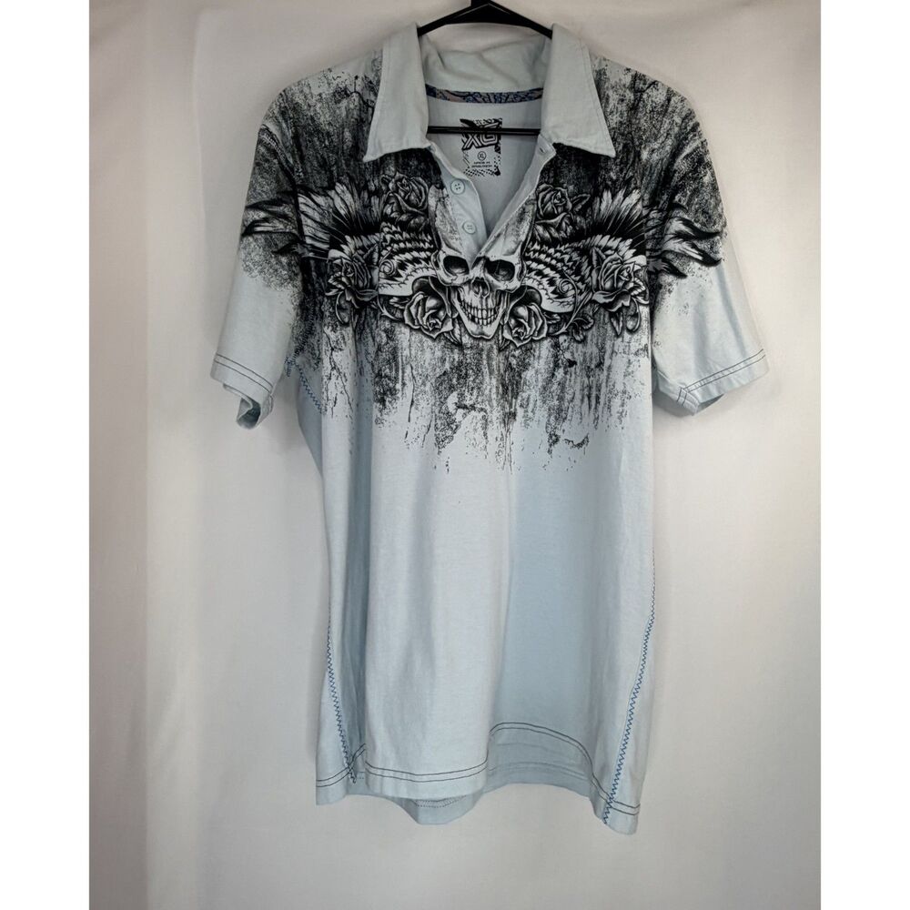 Size XL XG Skull Rose Graphic Polo Shirt 100% Cotton Light Blue Short Sleeve